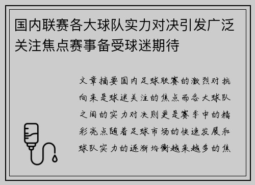 国内联赛各大球队实力对决引发广泛关注焦点赛事备受球迷期待