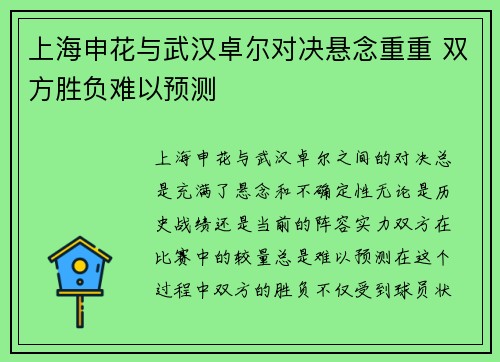 上海申花与武汉卓尔对决悬念重重 双方胜负难以预测